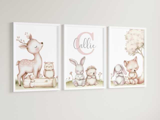 Woodland Forest Animals Girls A4 Or A3 Nursery Set Of Unframed Personalised Prints Pink Beige Wall Art Flower Natural Decor - image 1
