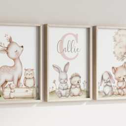 Woodland Forest Animals Girls A4 Or A3 Nursery Set Of Unframed Personalised Prints Pink Beige Wall Art Flower Natural Decor - thumbnail 2