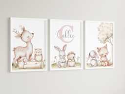 Woodland Forest Animals Girls A4 Or A3 Nursery Set Of Unframed Personalised Prints Pink Beige Wall Art Flower Natural Decor - thumbnail 1