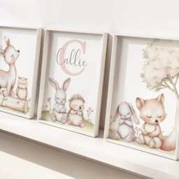 Woodland Forest Animals Girls A4 Or A3 Nursery Set Of Unframed Personalised Prints Pink Beige Wall Art Flower Natural Decor - thumbnail 3