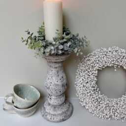 Rustic Candle Stick & Frosted Eucalyptus Ring Set - Neutral Home Decor Bundle Pillar Holder Centrepiece Cosy Kitchen - thumbnail 3
