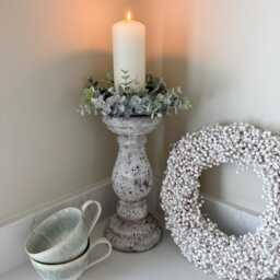 Rustic Candle Stick & Frosted Eucalyptus Ring Set - Neutral Home Decor Bundle Pillar Holder Centrepiece Cosy Kitchen - thumbnail 4