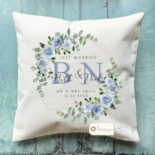Personalised Wedding Gift Wedding Day Newlywed Married Mr Mrs Home Pale Blue Floral Greenery Design Quote Linen Style Cushion Cover