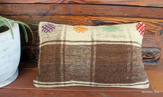 3050cm - 1220In Rectangle Vintage Kilim Cushion Cover Handwoven - Brocaded Motifs On Undyed Natural Checks - image 1