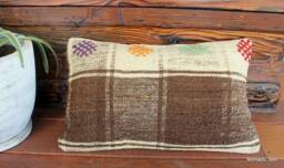 3050cm - 1220In Rectangle Vintage Kilim Cushion Cover Handwoven - Brocaded Motifs On Undyed Natural Checks - thumbnail 1