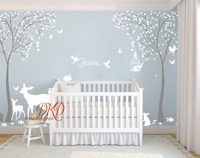 Trees Wall Decal Nursery Deer Decals Personalized Baby Name Decal, Sticker For Kids Room, Decor - image 1