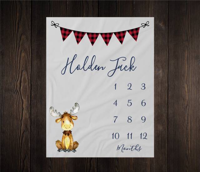 Moose Milestone Blanket Month Baby Growth Tracker Fleece Shower Gift Newborn Minky Boy Rustic Nursery - image 1