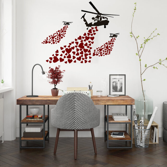 Banksy Vinyl Wall Decal Helicopter With Hearts - Street Art Graffiti Helicopters Decor Sticker Heart Love Mural Boys Room Artwork - image 1