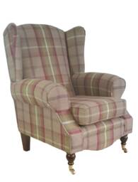 Queen Anne Wingback Chair Balmoral Heather Tartan, Brass Castor Legs