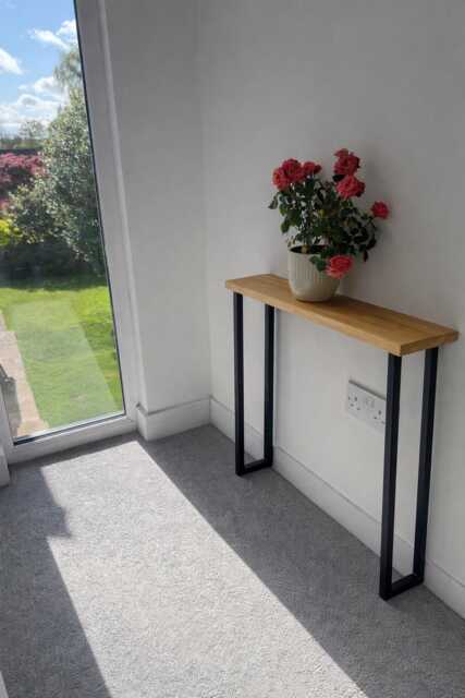 Solid Oak Console Table With Black Steel U Shaped Legs - Entryway