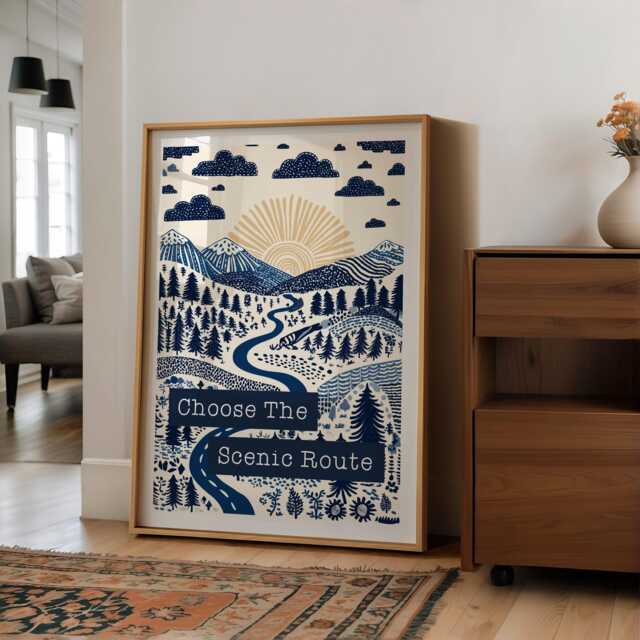 Hiking Print - Choose The Scenic Route Folksy Boho - Forest, Mountains Wall Art Inspirational Typography Great Outdoors - image 1