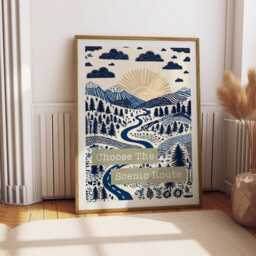 Hiking Print - Choose The Scenic Route Folksy Boho - Forest, Mountains Wall Art Inspirational Typography Great Outdoors - thumbnail 3
