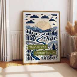 Hiking Print - Choose The Scenic Route Folksy Boho - Forest, Mountains Wall Art Inspirational Typography Great Outdoors - thumbnail 2