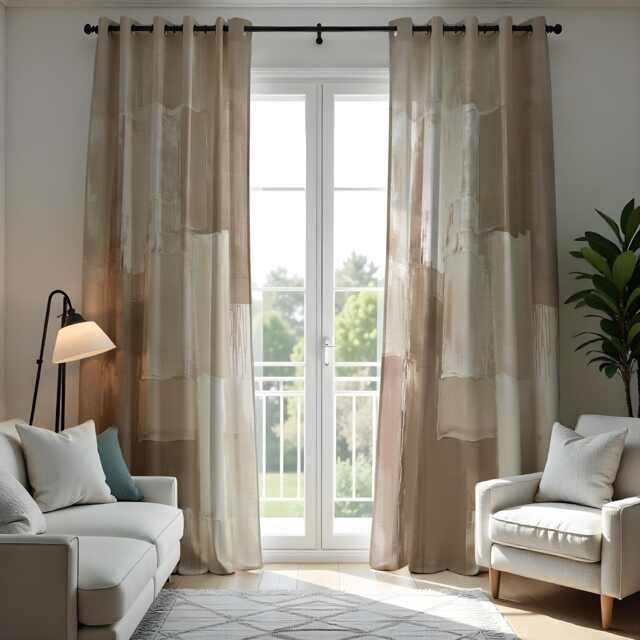 Beige Abstract Curtains, Neutral Brushstroke Pattern Drapes, Modern Living Room Window Panels, Contemporary Made To Measure Decor - image 1