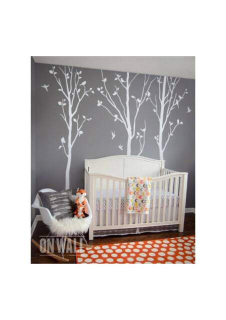 Tree Wall Decal - Nursery Tree Branch Wall Art- White Trees With Birds K005 - image 1