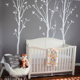 Tree Wall Decal - Nursery Tree Branch Wall Art- White Trees With Birds K005 - thumbnail 4