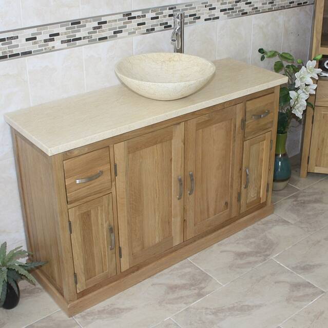 Oak Bathroom Single Vanity Unit 123cm Wide With Cream Marble Top & Basin Set 402cm25cmx1 - image 1