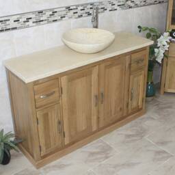 Oak Bathroom Single Vanity Unit 123cm Wide With Cream Marble Top & Basin Set 402cm25cmx1