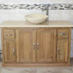 Oak Bathroom Single Vanity Unit 123cm Wide With Cream Marble Top & Basin Set 402cm25cmx1 - thumbnail 3
