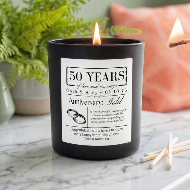 Personalised 50Th Golden Wedding Anniversary Candle - Custom Names & Date Gift Vegan Soy Wax 50 Years Married Present - image 1
