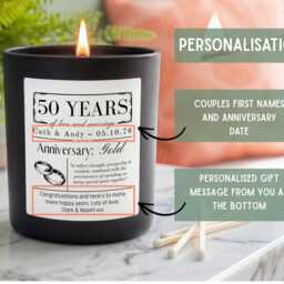 Personalised 50Th Golden Wedding Anniversary Candle - Custom Names & Date Gift Vegan Soy Wax 50 Years Married Present - thumbnail 3