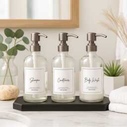 Clear Glass Soap Dispenser Set Silver Stainless Steel Pump, Shampoo, Conditioner & Body Wash