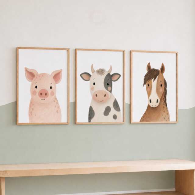 Farm Animal Nursery Print Set Of 3 - Farmyard Room Decor, Kids Bedroom Wall Art - image 1