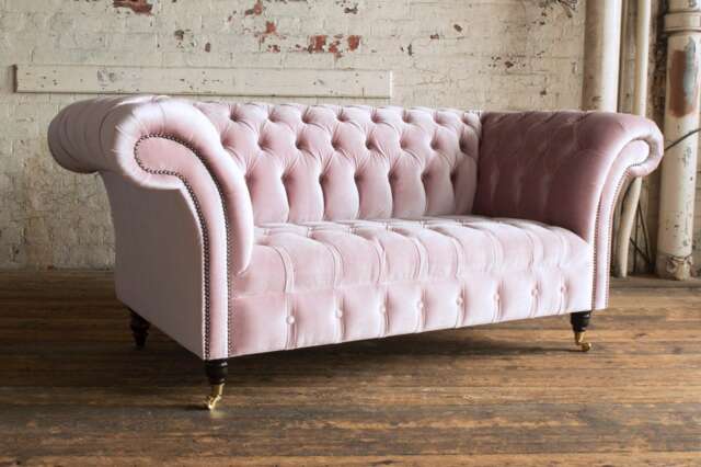 2 Seater Dusty Pink Velvet Fabric Chesterfield Sofa, British Handmade - image 1
