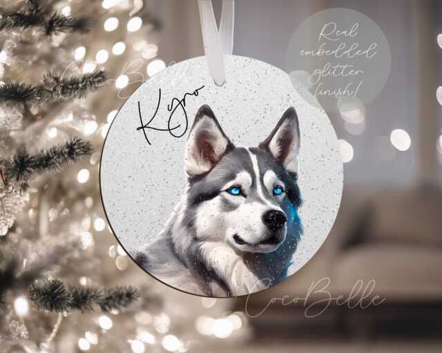 Personalised Husky Bauble, Digital Illustration Dog Real Glitter Name Wolf Christmas Pet Gift Ideas Lover Owner - image 1