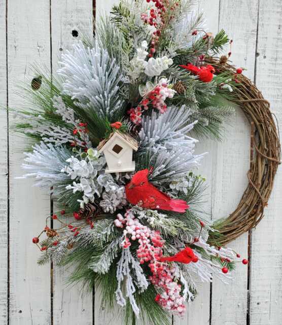 Winter Cardinal Wreath Christmas Door With Bird House Red Frosted Berries Flock Branches & Cardinals D - image 1