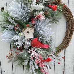 Winter Cardinal Wreath Christmas Door With Bird House Red Frosted Berries Flock Branches & Cardinals D - thumbnail 2