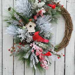 Winter Cardinal Wreath Christmas Door With Bird House Red Frosted Berries Flock Branches & Cardinals D - thumbnail 3