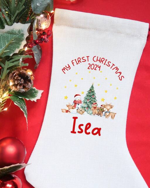 Personalised Baby's First Christmas Stocking, My Xmas New Baby 2024 1St Gift, Linen Stocking - image 1