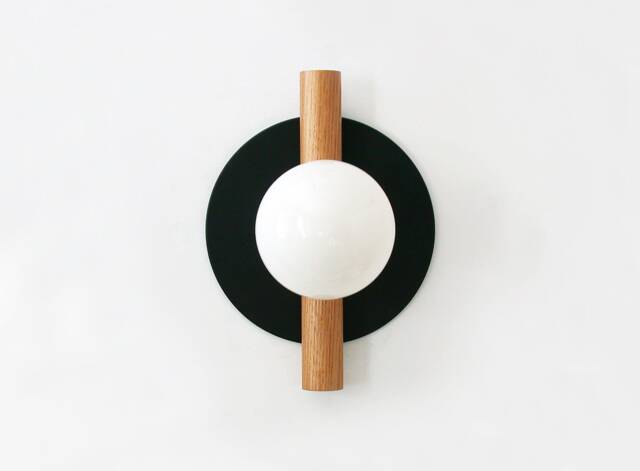 White Oak & Black With Opal Glass Globe Light Fixture Round Flush Mount Sconce Entry Wall Lighting Foyer - image 1