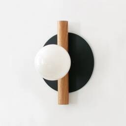 White Oak & Black With Opal Glass Globe Light Fixture Round Flush Mount Sconce Entry Wall Lighting Foyer - thumbnail 2