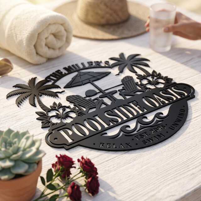 Personalized Poolside Oasis Sign, Custom Palm Tree Metal Wall Art, Backyard Pool Decor - image 1