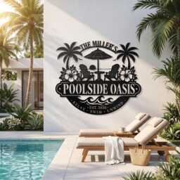 Personalized Poolside Oasis Sign, Custom Palm Tree Metal Wall Art, Backyard Pool Decor - thumbnail 2