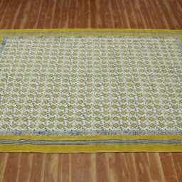 Hand Block Print Cotton Rug - Yellow & White Geometric Area With Tassels - thumbnail 2
