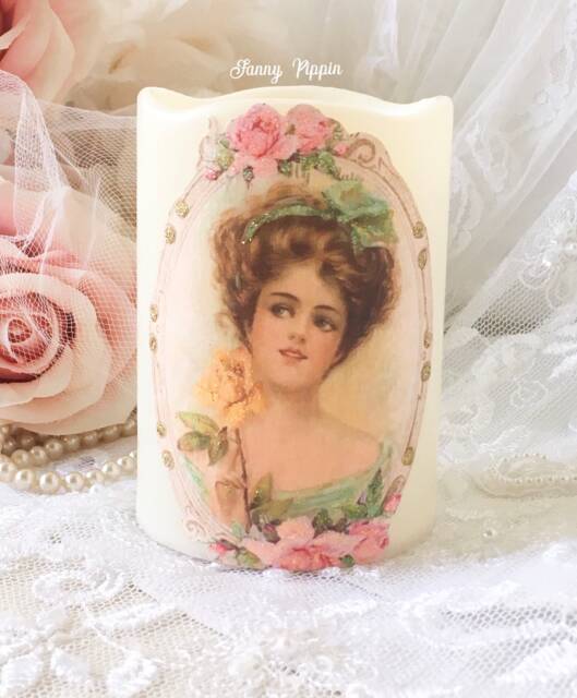 Victorian Lady Flameless Candle Shabby Chic Pink Roses Led Pillar - image 1