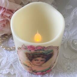 Victorian Lady Flameless Candle Shabby Chic Pink Roses Led Pillar - thumbnail 2