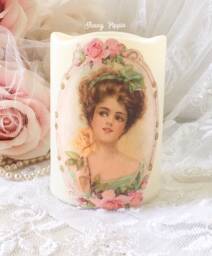 Victorian Lady Flameless Candle Shabby Chic Pink Roses Led Pillar - thumbnail 1