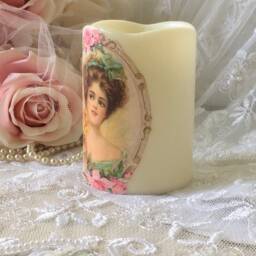 Victorian Lady Flameless Candle Shabby Chic Pink Roses Led Pillar - thumbnail 3