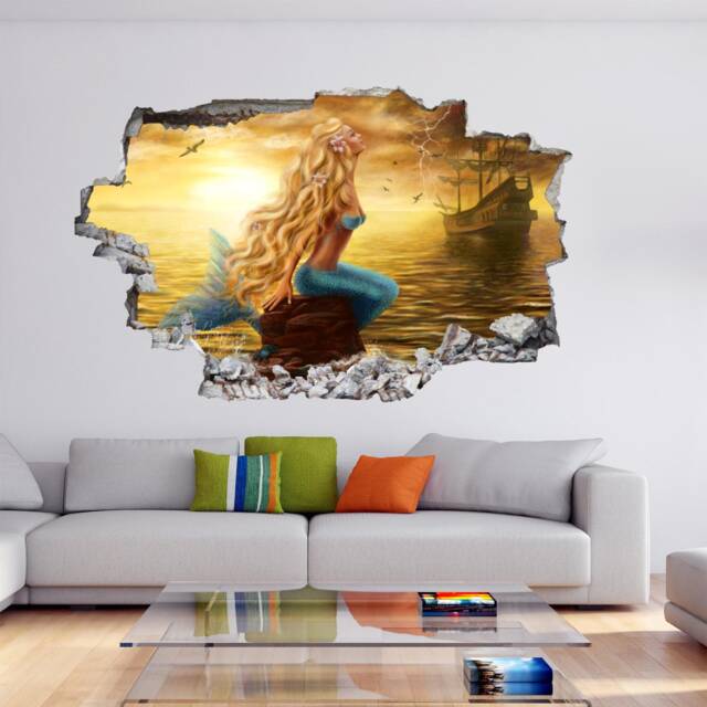 Mermaid Princess Fantasy Wall Sticker Mural Decal Print Art Kids Bedroom Decor Sea Sunset Ship Dh47 - image 1
