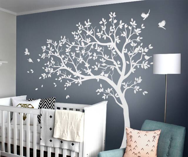 White Tree Wall Sticker Large Nursery Decal With Birds Wall Tattoos Mural Removable Vinyl 032 - image 1