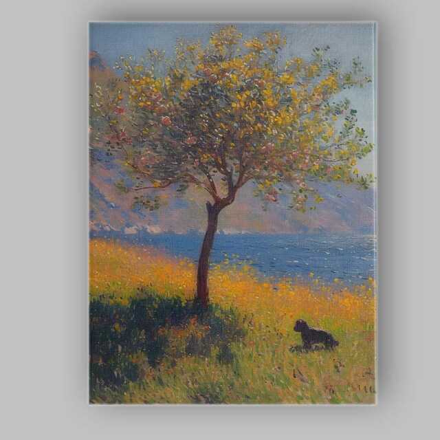 Golden Yellow Blossom Tree Lakeside Landscape With Black Dog Impressionist Canvas Wall Art Print Decor Picture Ready To Hang - image 1