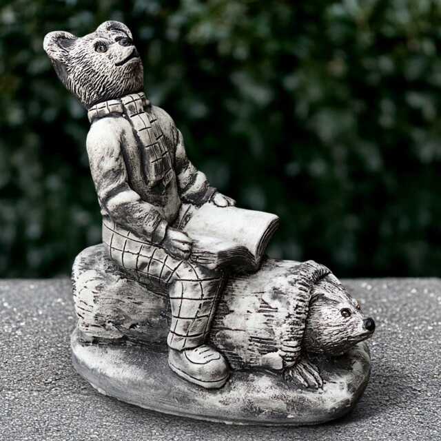 Concrete Reading Book Bear Statue Stone Teddy Figurine Outdoor With Hedgehog Cement Animal Decoration Teddy Lover Gift Yard Art - image 1