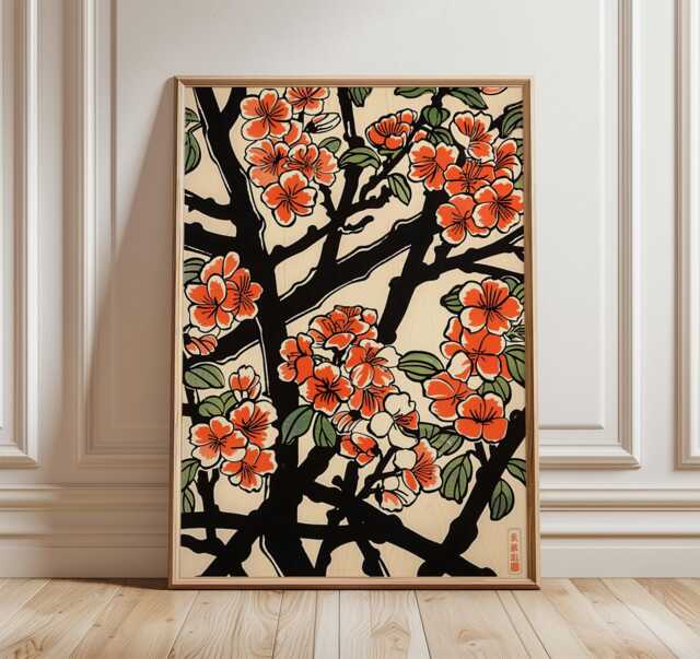 Japanese Plum Blossom Poster, Vintage Woodblock Floral Print - image 1