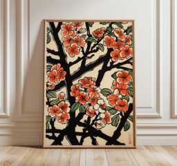 Japanese Plum Blossom Poster, Vintage Woodblock Floral Print - thumbnail 1