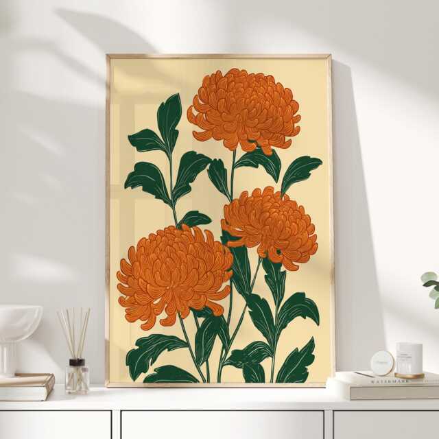 Chrysanthemum Botanical Art Print - Vintage Style Floral Wall Orange Flower Illustration Classic - image 1