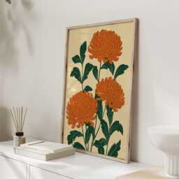 Chrysanthemum Botanical Art Print - Vintage Style Floral Wall Orange Flower Illustration Classic - thumbnail 2